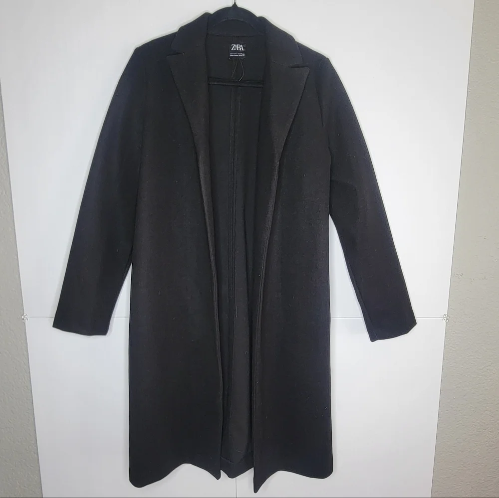 ZARA Black Long Open Front Coat Minimalist Tailored Jacket Size M - Picture 2 of 9
